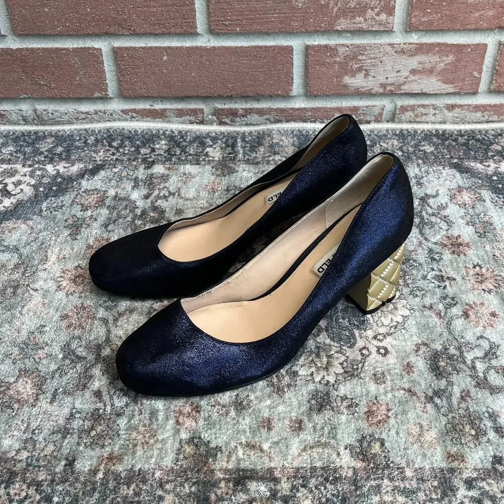 Karl Lagerfeld Paris Kole Pumps Navy Blue Shimmer Block Heel / Women's Size 8